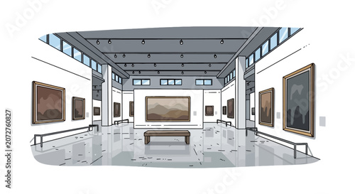 Foto Museum interior with framed paintings and gallery benches