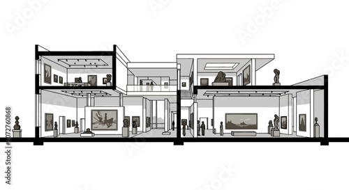 Foto Modern art museum cross section with gallery halls and exhibits