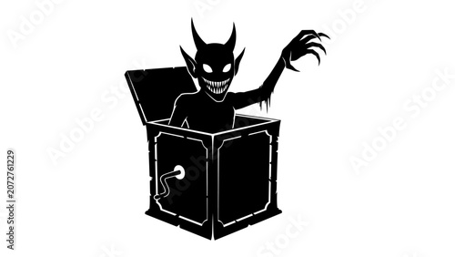 Tablou pe pânză Scary Jack-in-the-Box Surprise: A sinister silhouette of a devilish creature emerges from a black jack-in-the-box, its sharp claws extended and glowing eyes hinting at a terrifying surprise