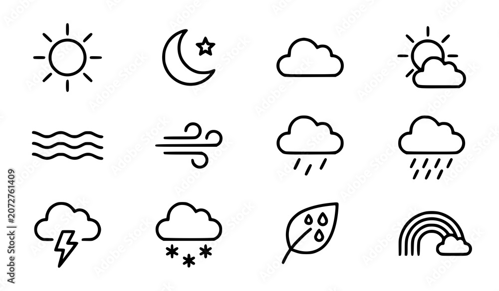 Fototapeta premium Weather Line Icon Set with Sun Moon Clouds Rain Wind and Rainbow
