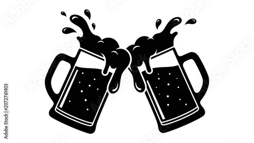 Obraz na płótnie Clinking Beer Mugs Silhouette: A dynamic black and white illustration depicting two beer mugs clinking together, creating a splash of foam and liquid, symbolizing celebration and camaraderie