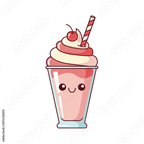 Cute Kawaii Strawberry Milkshake with Cherry and Straw.