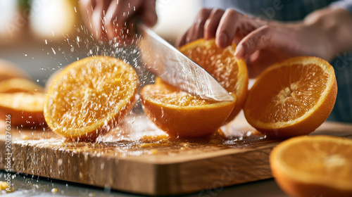 Woman cutting fresh juicy orange on wooden kitchen board. Sharp knife slicing fruit with flying water splash. Concept of healthy cooking, organic vitamin food, breakfast preparation.