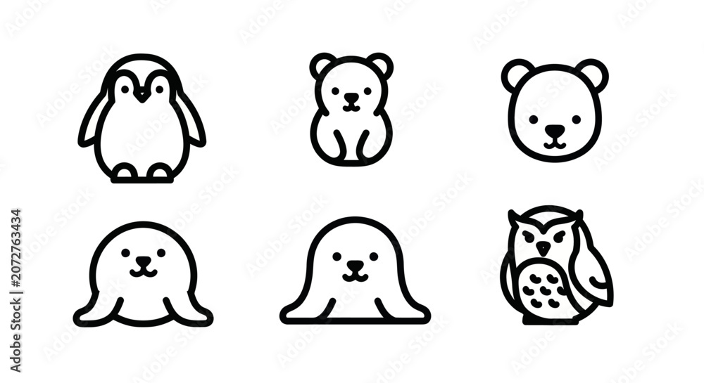 Fototapeta premium Arctic and Antarctic polar wildlife animal icons set.
