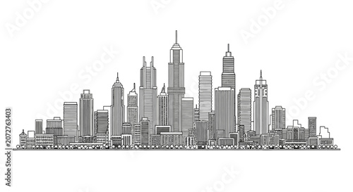 Fotografía Hand drawn urban skyline with diverse skyscrapers and buildings