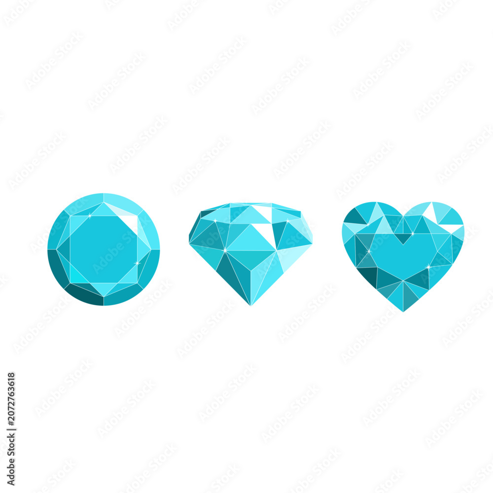 Fototapeta premium Vector illustration of three sparkling turquoise diamonds (round, brilliant, heart shapes) on white. Ideal for luxury, jewelry, romance, and holiday designs.