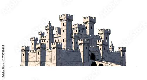 Foto Large medieval stone castle with multiple towers and gatehouse