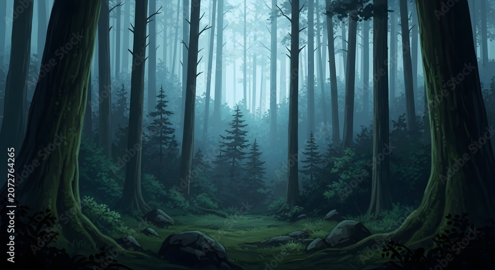 Obraz premium Deep Enchanted Misty Forest Poster Background with Towering Trees and Lush Green Undergrowth, conveying a tranquil and mysterious natural environment for design.
