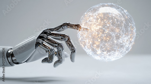 Robotic hand touching glowing digital data sphere. Future artificial intelligence interacting with global network connection. Innovation and advanced technology communication concept.