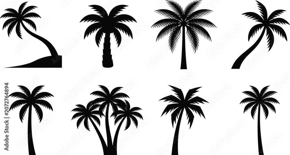 Fototapeta premium Black Silhouette Vector Set of Palm Trees with Curved and Straight Trunks for Tropical Designs