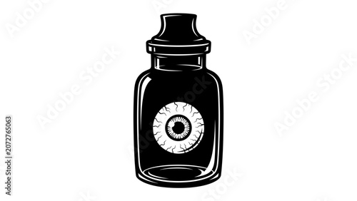 Konstfotografi Eyeball in a Bottle: A black glass bottle contains a creepy eyeball, perfect for Halloween or horror themes