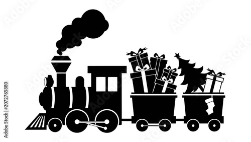 Tableau sur toile Christmas Train of Gifts: A charming silhouette of a steam train, adorned with a Christmas tree and overflowing with gift boxes, chugs along carrying holiday cheer