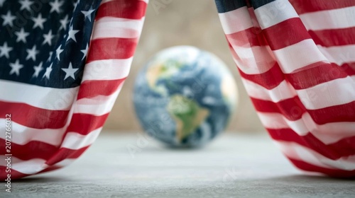 American flags opening dramatically to reveal Planet Earth globe, illustrating concepts of US global power, patriotism, and world affairs