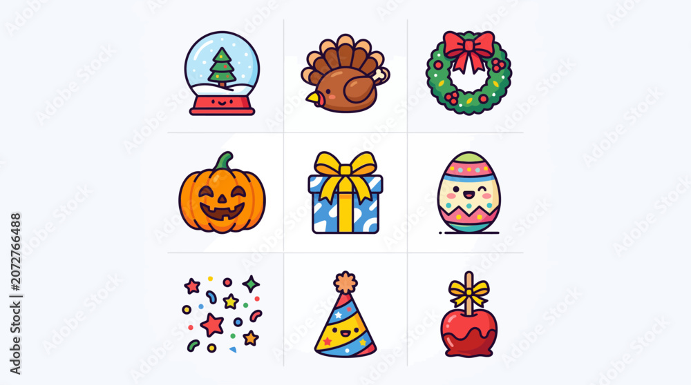 Fototapeta premium Set of colorful holiday and seasonal celebration icons.