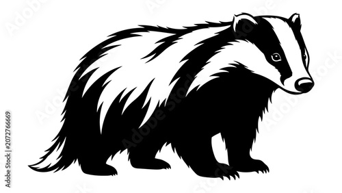 Fotografie Badger illustration: A bold illustration of a badger with distinctive black and white markings and a striped face, standing in a dynamic pose