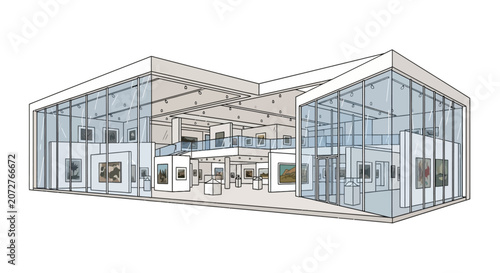 Schilderij op canvas Modern art gallery building with glass facade and interior exhibits