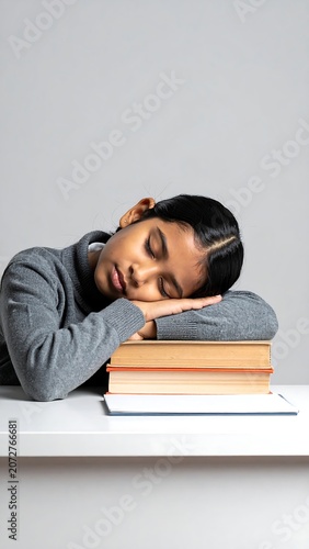 A young girl, asleep with her head on a stack of textbooks