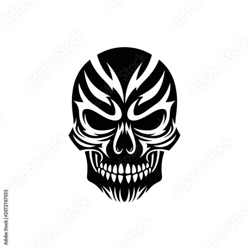 Tribal Skull Design with Intricate Patterns and Dark Aesthetic.