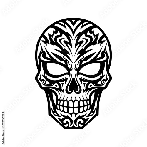 Stylized tribal skull design with intricate patterns.