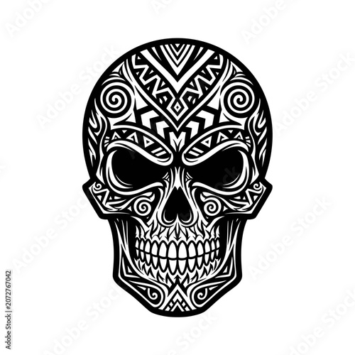 Tribal Skull Art Black and White Intricate Design.