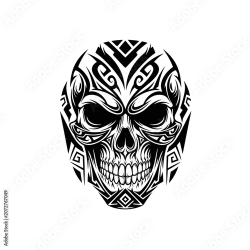 Tribal Skull Tattoo Design with Intricate Patterns.