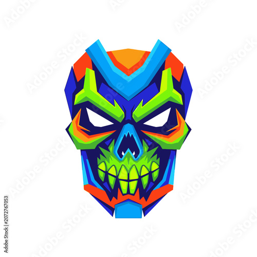 Vibrant Geometric Skull Mask with Fierce Expression.