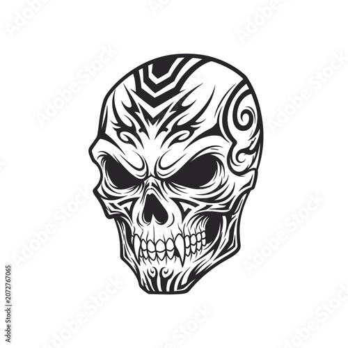 Tribal Skull Tattoo Design with Fierce Expression.