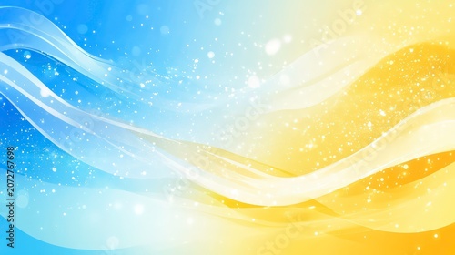 Abstract background with blue and yellow wavy lines and bokeh effect.