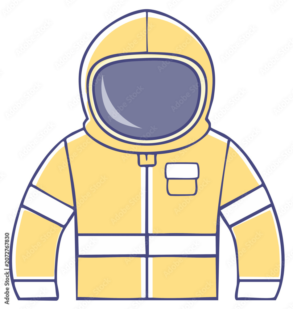Fototapeta premium Yellow protective hazmat suit with helmet and purple visor for personal safety and protection