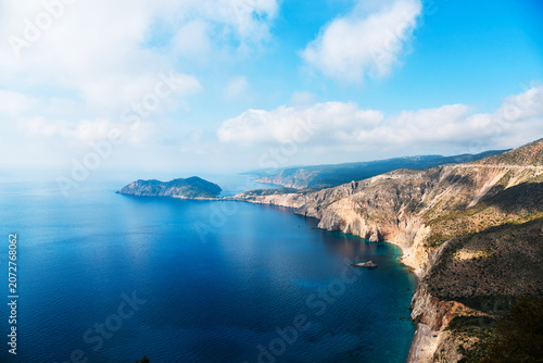 Beautiful landscape with rocks on the coast of the Ionian Sea near Asos town in Kefalonia, Greece. Amazing places. Tourist Attractions.