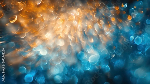 Abstract bokeh background with blue and gold lights.