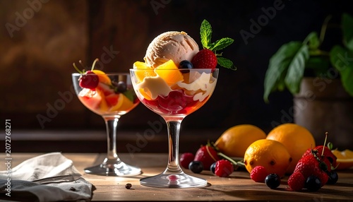 Delicious dessert sundaes with fresh fruit toppings