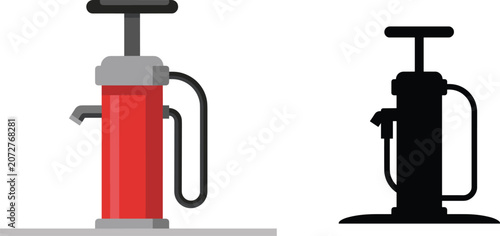 Konstfotografi Manual Air Pump Icon Set Red Color and Black Silhouette Tire Inflator Vector Ill