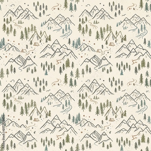 Seamless pattern of pattern of mountain peaks trees
