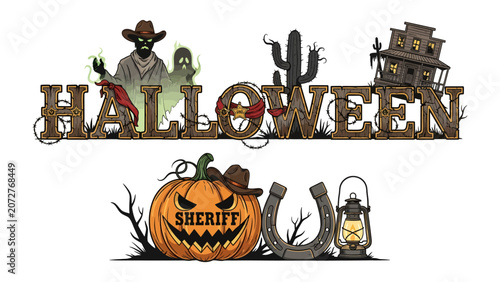 Quadro su tela Wild West Halloween Theme: A spooky illustration featuring a haunted saloon, ghosts, a cowboy sheriff pumpkin, a horseshoe, and a lantern set against a desert landscape