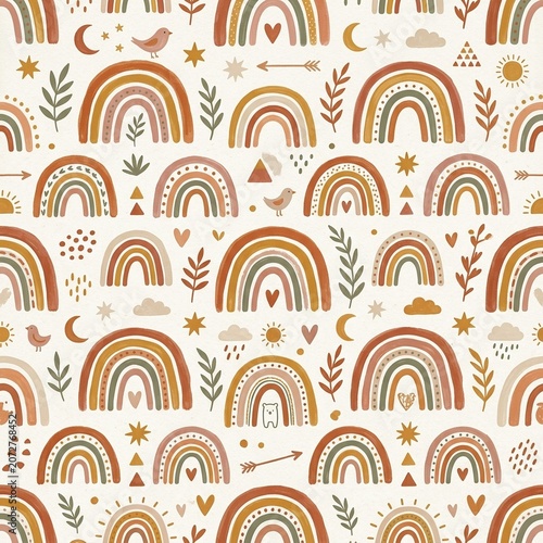 Seamless pattern of rainbow arches boho nursery shapes