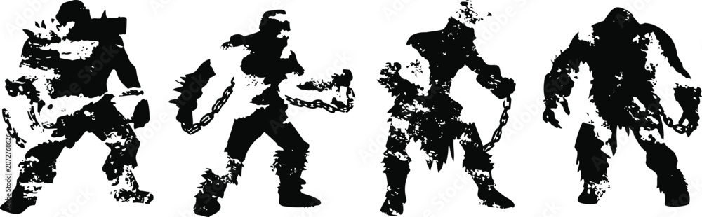 Fototapeta premium Silhouettes of four fantasy warrior characters with weapons in dynamic poses