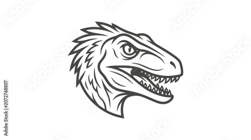 Detailed velociraptor head drawing in black line art.