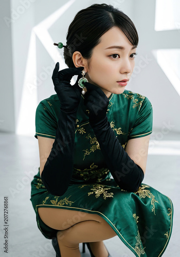 Beautiful Chinese lady posing in green Chinese traditional Cheongsam / Qipao.