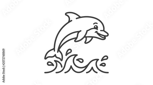 Dolphin jumping through ocean waves line art.