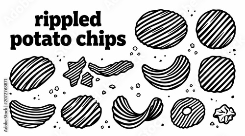 Canvastavla Pile of crispy ripple potato chips vector collection, snack food illustration isolated for party, picnic, fast food, restaurant menu, and packaging design