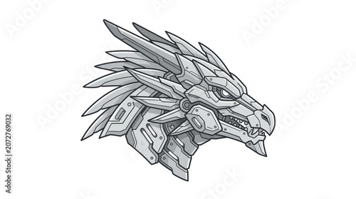 Futuristic robotic dragon head profile in black line art.