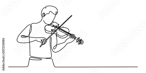 Fotografie Continuous single line drawing of a man playing the violin with a bow and musica
