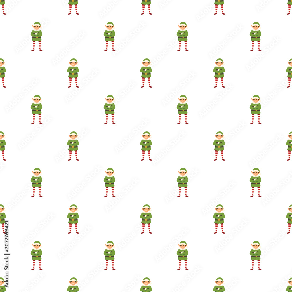 Naklejka premium Festive green elf characters standing with arms crossed creating a cheerful holiday pattern