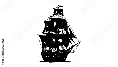 Принти на полотні Pirate Ship Silhouette: A menacing pirate ship, rendered in stark silhouette, sails through the dark sea, its tattered sails and imposing structure evoking a sense of adventure and danger