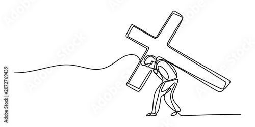 Photography Continuous single line drawing of a man carrying a heavy wooden cross on his bac