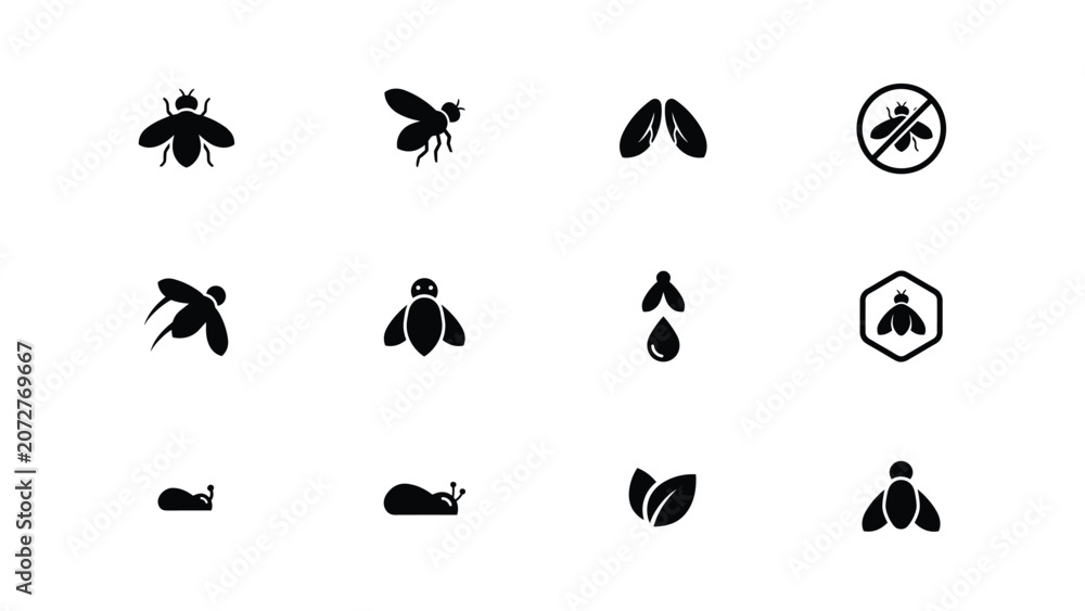 Obraz premium Collection of bee leaf and droplet silhouettes against a white background silhouette insect flies leaves foliage water hexagon nature organic