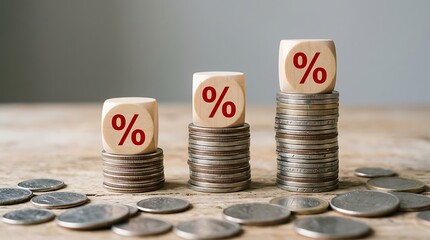 Three stacks of coins with percentage signs on wooden blocks representing interest rates, savings, and financial growth