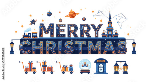 Fotografie Merry Christmas Text Art: Whimsical illustration features the words Merry Christmas in large, decorative font, surrounded by festive elements like a train, gifts, lanterns, and celestial bodies