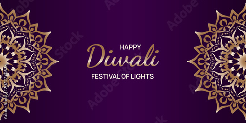 Golden luxury Happy Diwali abstract floral ornament mandala purple background. Banner design for Hindu Festival of Lights